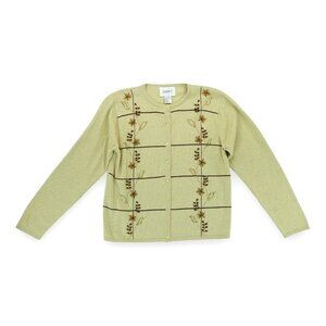 Jenny Vintage Floral Gold Cardigan Sweater Button Down Beaded Embroidered Sz S